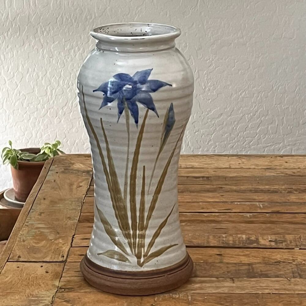 Studio Art Pottery Stoneware Vase 12.5" Ivory w/ Brown Base Painted Flower